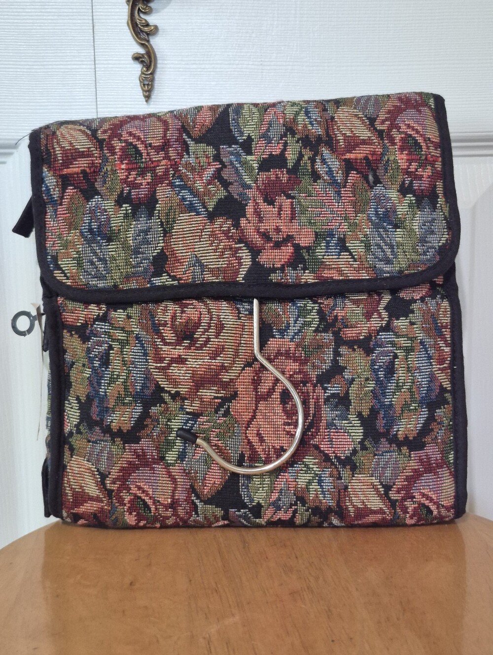 NWTs Vintage black floral tapestry cosmetics and toiletry bag with hanger